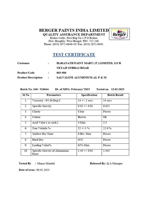 berger paint test certificate|berger paints india test certificate.